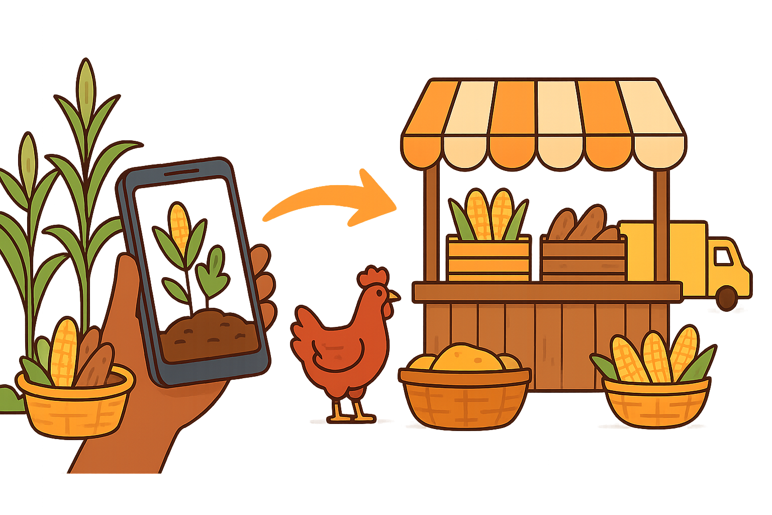 Farm to market illustration with stall and produce