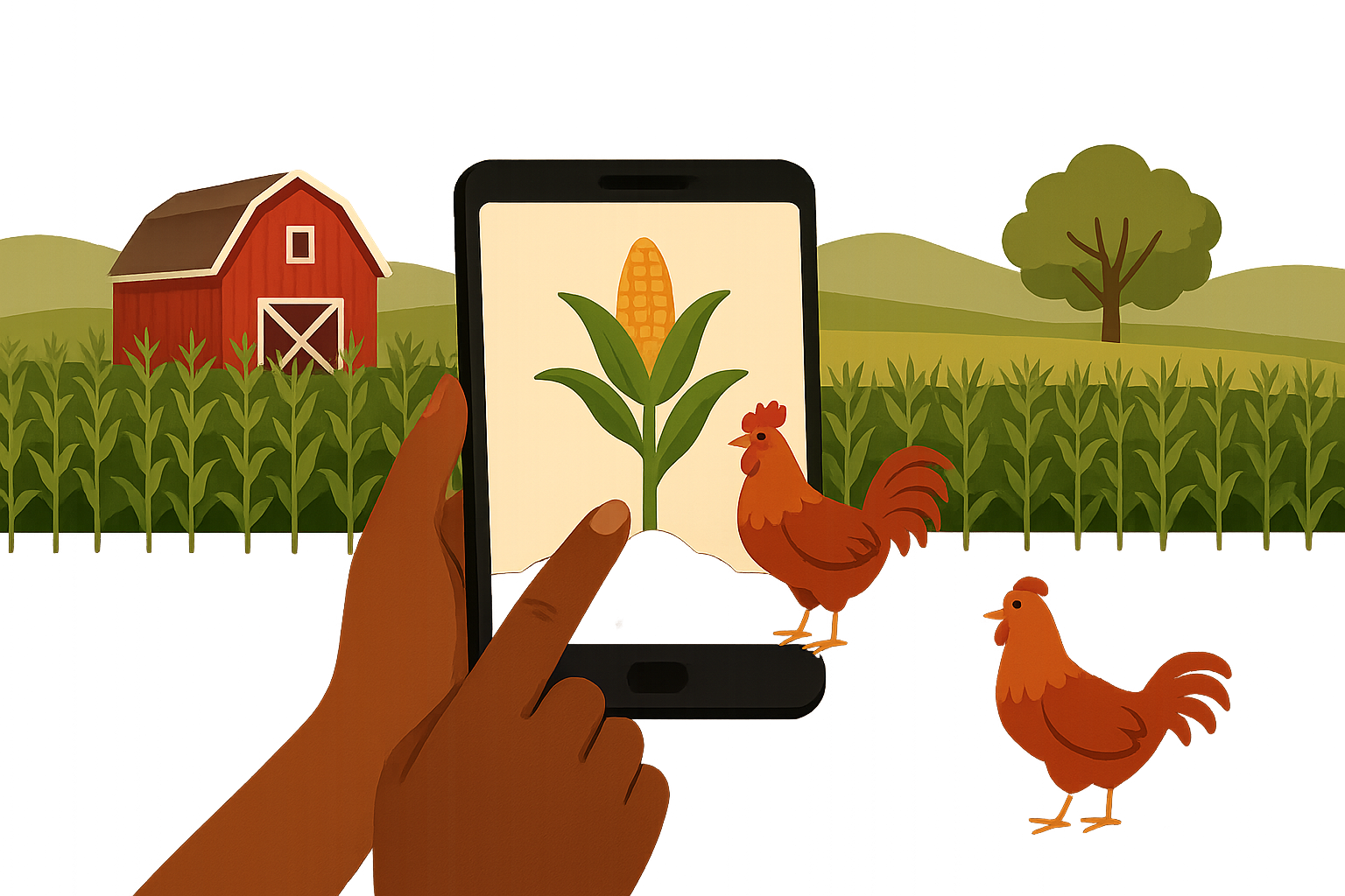 Device farming illustration showing phone and matching real-world farm